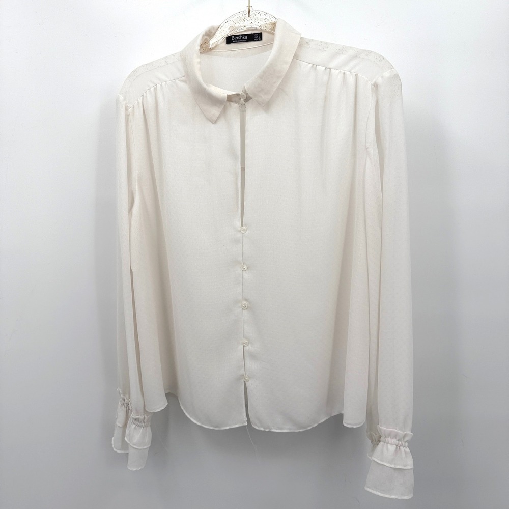 Cottage Coquette Bershka White‎ Long Sleeve Button Down Shirt Ruffle Cuff Sz L